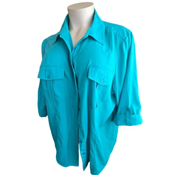 Maggie Barnes Womens Teal Blue Button-Up Shirt 3/4 Sleeves Size 36 26/28 JJ403 - Picture 1 of 9